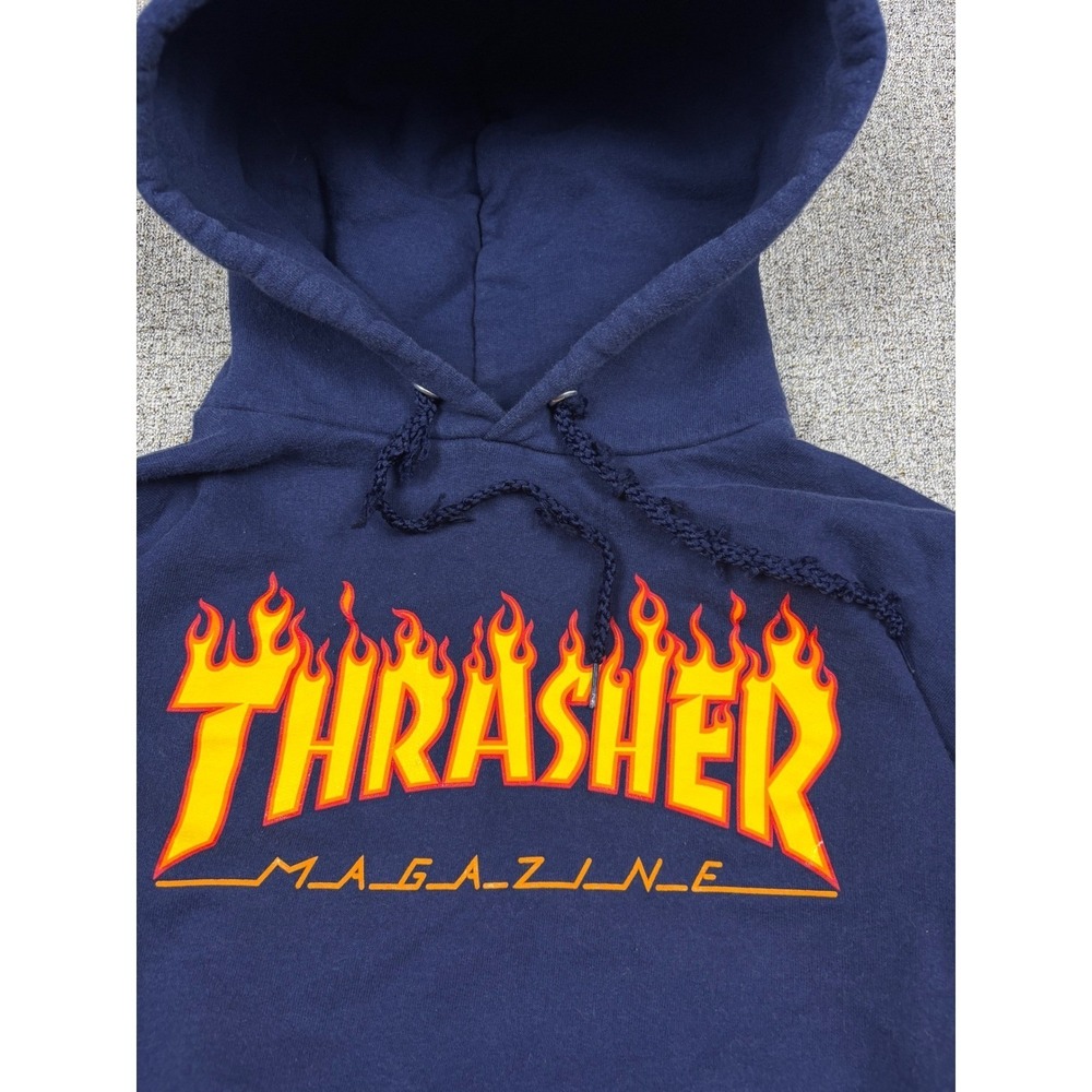 Thrasher Magazine Flame Logo Hoodie Mens Medium Navy Blue Skate Sweatshirt - Picture 2 of 8